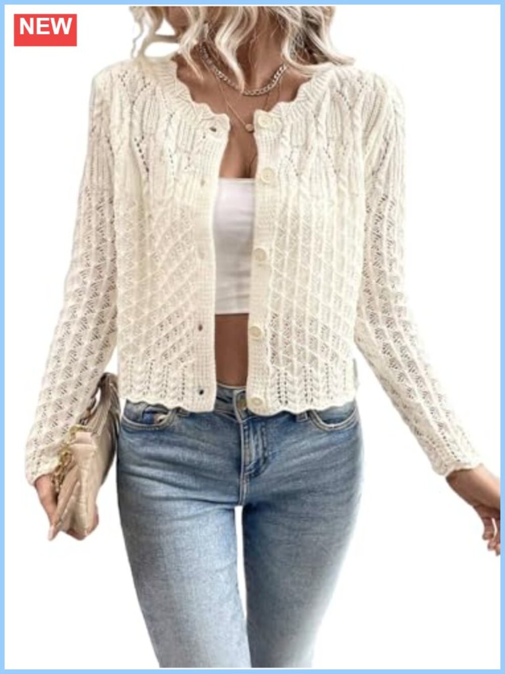Women's Hollow Out Knit Cardigan Scalloped Crewneck Cropped Button Front Sweater